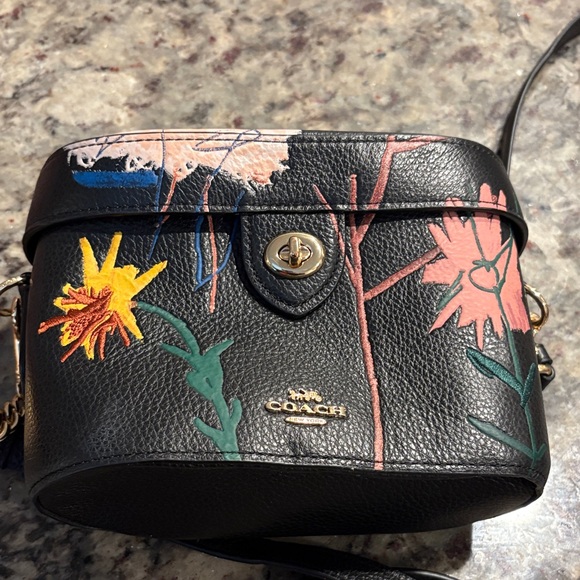 Coach Handbags - Basquiat Coach Black Crossbody Bag with Vibrant Floral Pattern